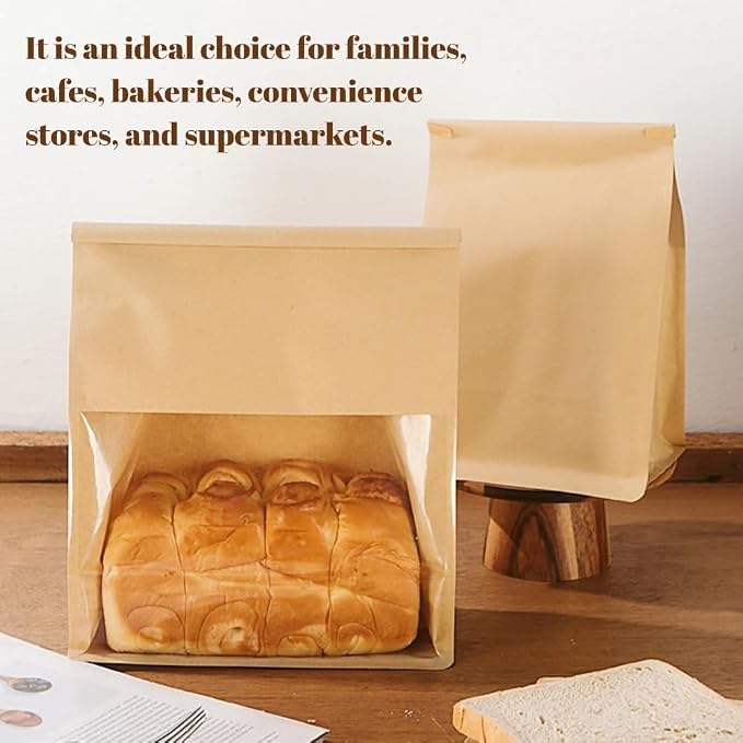 PAICUIKE Bread Bags Large Bakery Bag with Window Packaging Bags Tin Tie Tab Lock 50 Pack, for Homemade Sourdough Bread, 8.7x4.3x11 Inches, Kraft Paper, for Gifting, Bake Sale