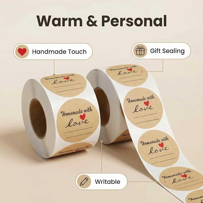 2 Inch Natural Brown Kraft Stickers (500 Per Roll), Homemade with Love Sticker with Lines for Writing (Permanent Adhesive) for Store Owners, Crafts, Organizing, Jar and Canning Labels