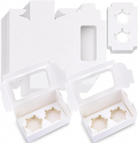 PRALB 50Pack White Paper Cupcake Boxes with Pvc Window and Two Treat Holder, Pastry and Cookie Box,Cupcake Containers Bakery Cake Box,Auto-Popup Cupcake Carriers Bakery Cake Box(6.3x3.5x3inch)