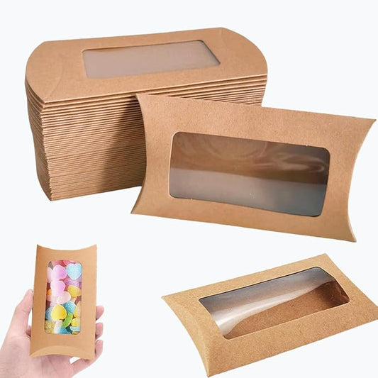 50 Pcs Pillow Gift Boxes with Windows,Kraft Paper Mini Pillow Packaging Box, Creative Favor Box Folding Treat Boxes with Clear Window for Bakery Candy Chocolate Jewelry Display Wedding Party Favor (kraft 50Pcs)