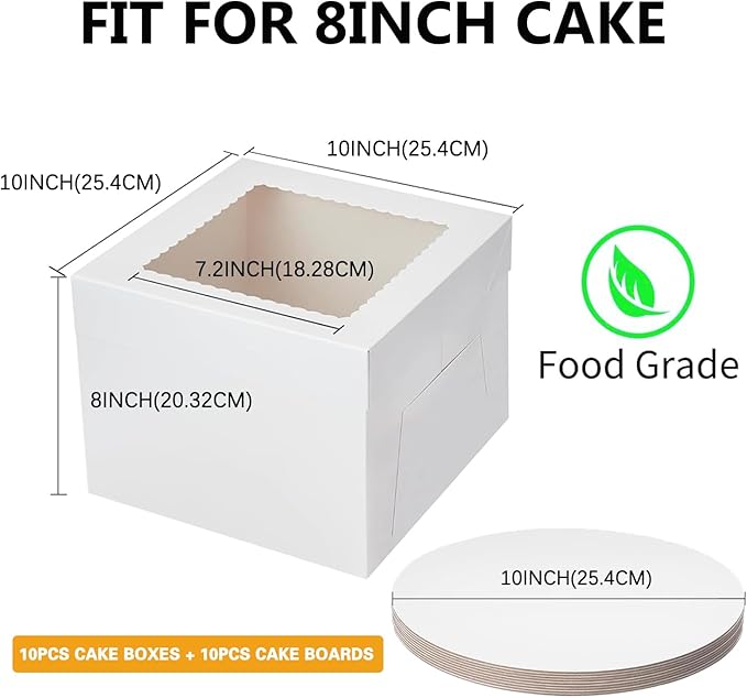 20Pack 10 Inch Cake Boxes With Cake Boards (10 boxes & 10 boards), 10X10X8 Inch White Bakery Boxes With Windown For Cajas Pasteles, Cookie, Pastries,Pie, Fathers day
