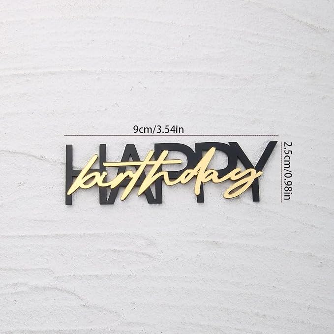 Happy Birthday Cake Topper, Black and Gold Mirror Acrylic, 3.54 x 0.98 Inches, 10 Pack DIY Party Cake Decorations