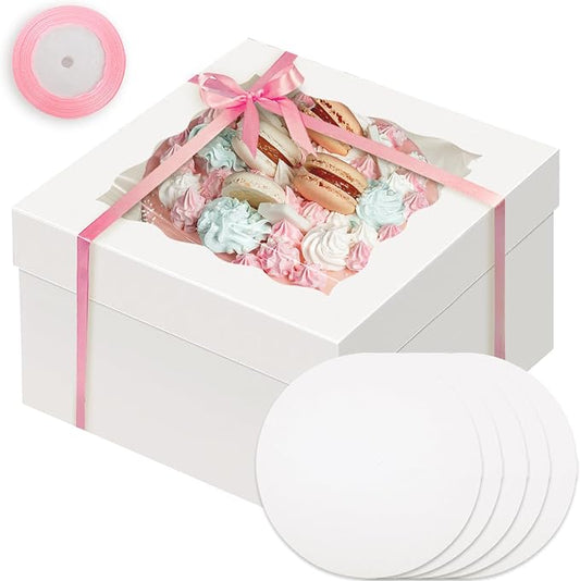 Bakepacker 36pcs 12x12x8 inch Cake Boxes with Window - 18 Packs White Cake Boxes & Boards + 10 Meters Silk Ribbon