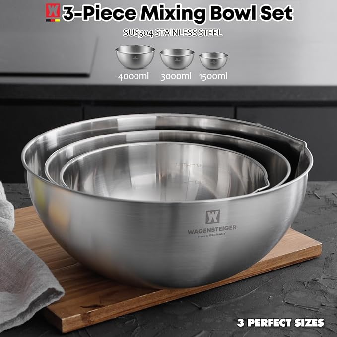 WAGENSTEIGER 3-Piece Stainless Steel Mixing Bowl Set, Silver Color, Nesting Bowls with Pure Spout, Multipurpose Kitchen Basket, 1.56Quarts/3.17Quarts/4.23Quarts (No Color Added)