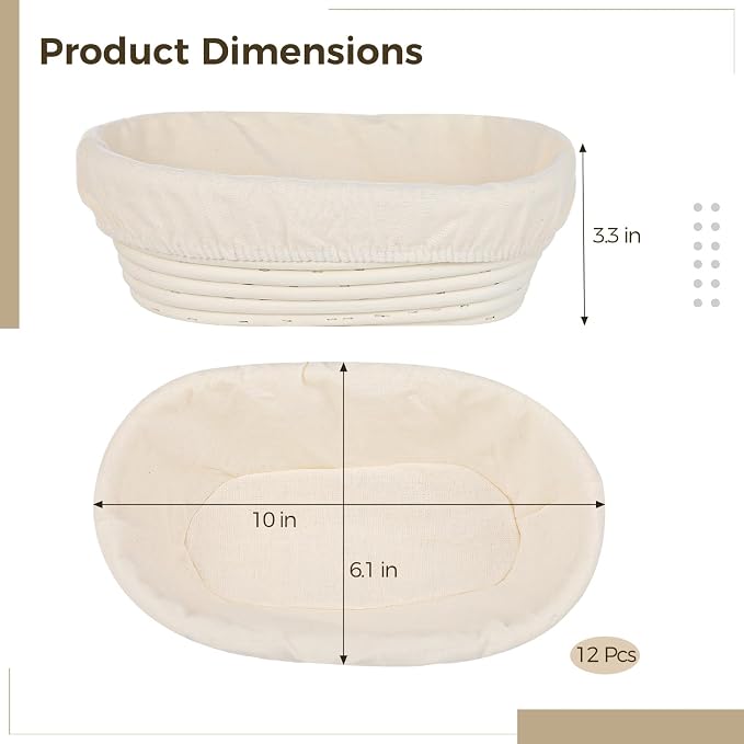 12 Pcs Banneton Bread Proofing Baskets, 10" Oval Sourdough Baking Bowls with Removable Cloth Liners, Rattan Bread Baskets for Even Fermentation, Ideal for Beginners and Pros