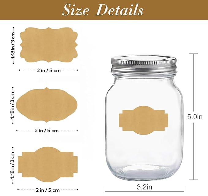 300PCS Kraft Brown Labels 2x1.2 Inch - Blank Self-Adhesive Stickers for Mason Jars, Bottles, Gift Wrapping, Food Storage & Crafts (Writable, Vintage Style, 3 Designs)
