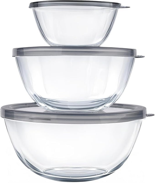 Glass Mixing Bowls with Lids Set(4.5QT, 2.7QT, 1.1QT),Glass Bowls with Lids Large Mixing Bowl Salad Bowls Space-Saving Nesting bowls Serving bowls Storage Container for Cooking,Baking,Prepping