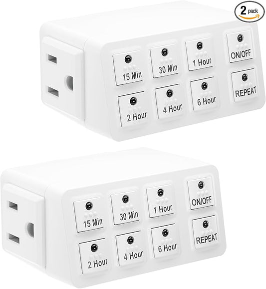 BN-LINK 2 Pack Indoor Countdown Timer with Repeat Function, Heavy Duty Accurate Compact Size for Charger Vacation Security, 3-Prong Grounded Outlet, 15A/1875W ½ HP ETL Listed