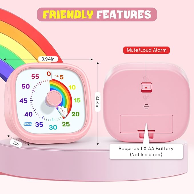 HIPPIH Visual Timer for Kids - 60 Minute Pomodoro Timers for Classroom Kitchen Office, Countdown Kids Timer Clock with Rainbow Disk, Desk Time Management Tool for Toddler with Silent Operation, Pink