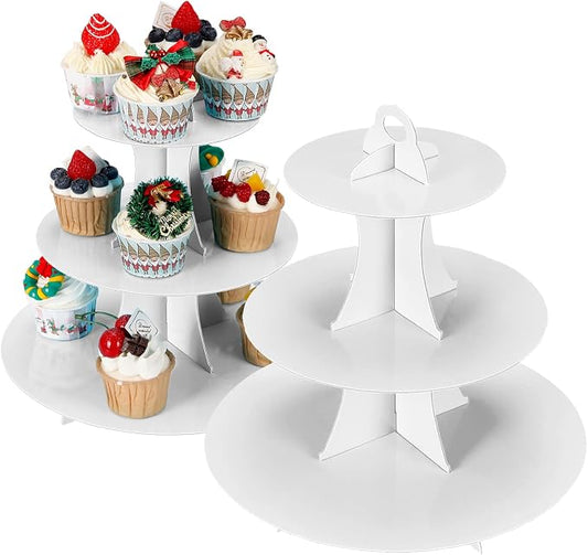 YLDW Cupcake Stand 2Pcs, 3-Tier Cupcake Stand Display, Cardboard Cup Cake Tower Stand, Disposable Dessert Stand for Birthday Tea Party Baby Shower Treat Decorations, White