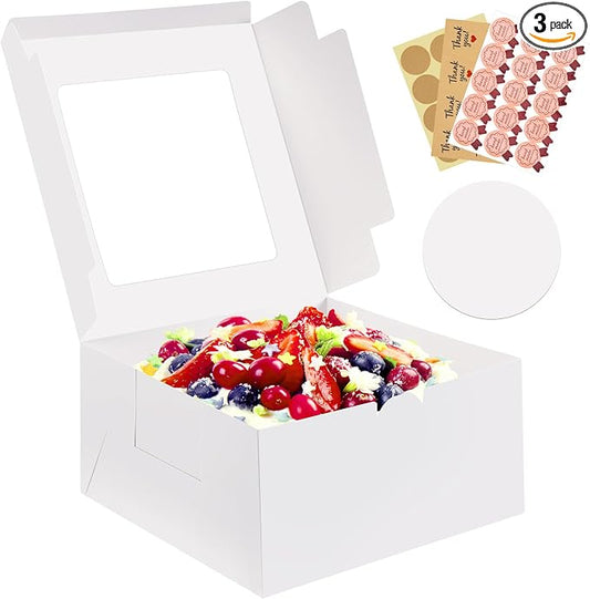 3 Pack Cake Boxes, 10x10x5 Inches Cake Boxes with Boards, White Square Bakery Boxes with Window, Disposable Cake Containers with Lids for Pastry Pie Cookies Chocolates Wedding Birthday Party