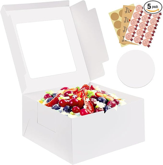 5 Pack Cake Boxes, 10x10x5 Inches Cake Boxes with Boards, White Square Bakery Boxes with Window, Disposable Cake Containers with Lids for Pastry Pie Cookies Chocolates Wedding Birthday Party