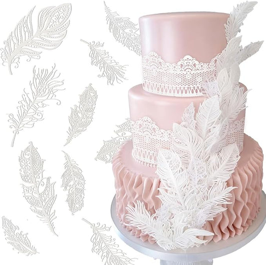 Feather Edible Cake Lace for Cupcake Topper Decoration 10-piece Set White