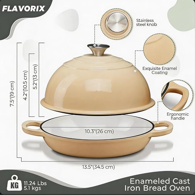 Cast Iron Bread Oven for Sourdough, 6Qt Bread Baking Pan with Lid, Enameled Sourdough Dutch Oven for Bread Baking, Oven Safe up to 482℉, Latte