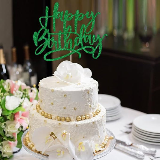 Kaoenla Happy Birthday Cake Topper, green Glitter For Anniversary & Birthday Cake Decoration