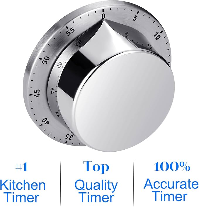 Albayrak Kitchen Timer, Chef Cooking Timer Clock with Loud Alarm, No Batteries Required, 100% Mechanical - Magnetic Backing, Exquisite Stainless Steel Body - Countdown Reminder - Silver 1Pack