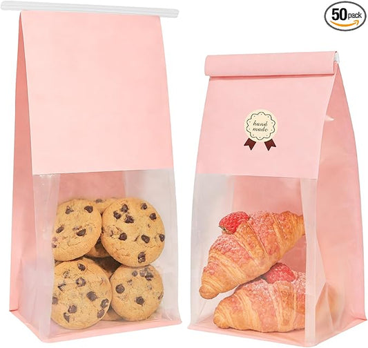 Funcoo 50 Bakery Bags with Window, 5.1x3.9x11 Inches Paper Bread Bags, Tin Tie Tab Lock Cookie Bags Food Storage Bag for Snacks, Popcorn, Candies, 60 pcs Stickers Included