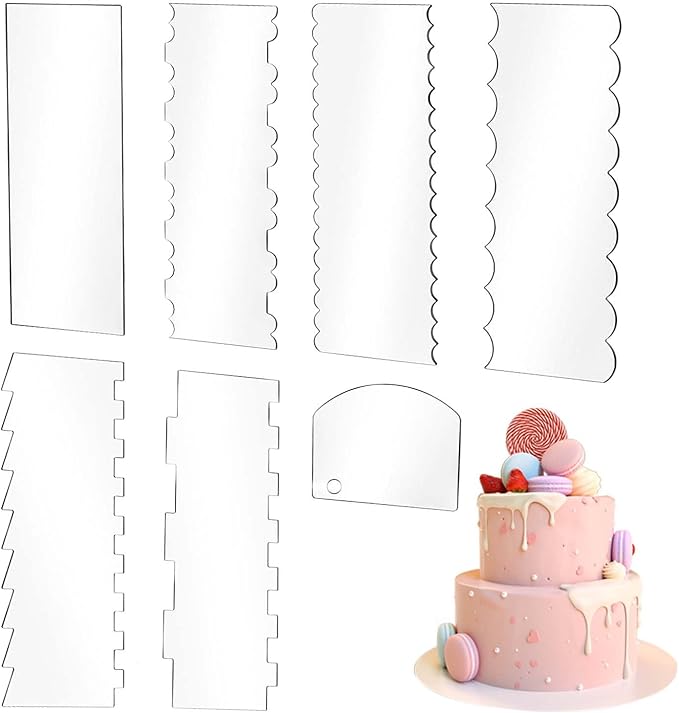 SenseYo 7 Pcs Acrylic Cake Scraper 9.5 Inch Large Icing Cream Frosting Smoother Comb Double Sided Patterned Edge Stripe for Cake Decorating Mousse Butter Baking Projects