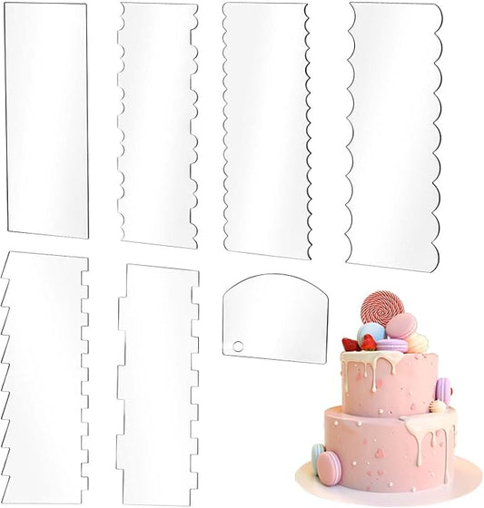 SenseYo 7 Pcs Acrylic Cake Scraper 9.5 Inch Large Icing Cream Frosting Smoother Comb Double Sided Patterned Edge Stripe for Cake Decorating Mousse Butter Baking Projects