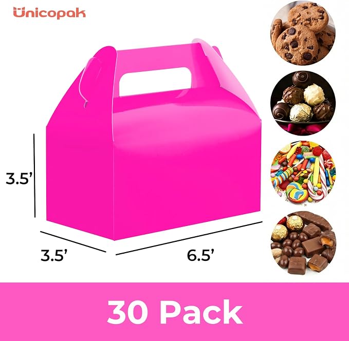 UnicoPak 30 Pack Hot Pink Party Favor Bag Boxes, Gable Gift Boxes with Handles for Candies, Treats, Goodies, Ideal for Girl Theme Birthday Party Bridal Shower Wedding Valentine's Day – 6.5x3.5x3.5 Inches