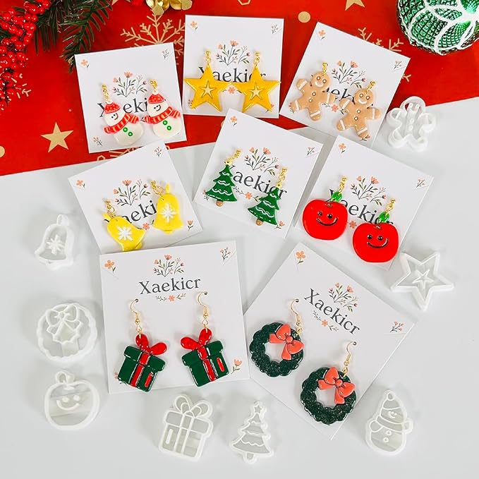 Xaekicr Christmas Polymer Clay Cutters Set – 8pcs Holiday Clay Earring Cutters for Polymer Clay Jewelry DIY – Santa, Tree, Snowman, Gift – Clay Tools & Molds