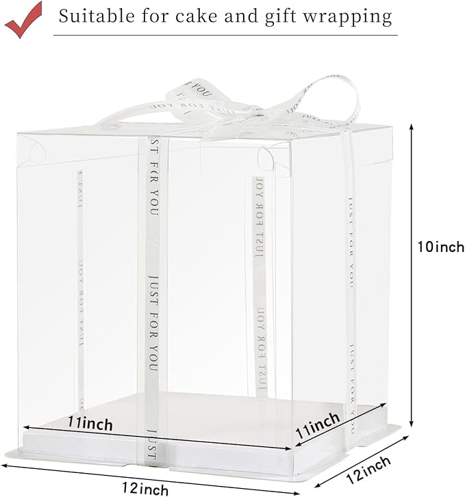 JCD 6Packs Large Cake PET Clear Box, 11" X 11" X 10" with ribbon and pre-folded lid, for 10" and 9" cake packing carry, baking cookie display,for Wedding, Birthday, Party (Clear Lid, 11inch/6pcs)