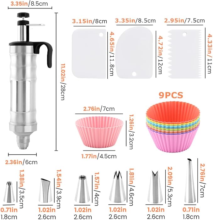 Dessert Decorating Syringe Set, Frosting Piping Kit with 6 Piping Tips, 9 cupcakes, 2 adapter, 3 cream squeegee, Stainless Steels Cupcake Decorating Kit for Baking