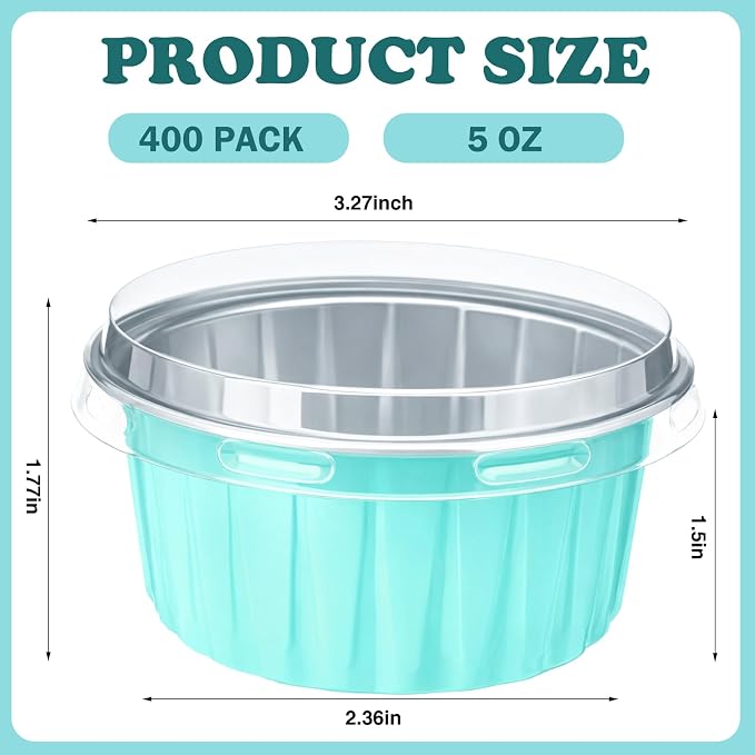 Gejoy 400 Pcs Aluminum Foil Baking Cups with Lids 5 oz Disposable Ramekins Mini Cake Pans Creme Brulee Cupcake Liners Muffin Dessert Container for Wedding Birthday Party (Elegant,Blue Color)