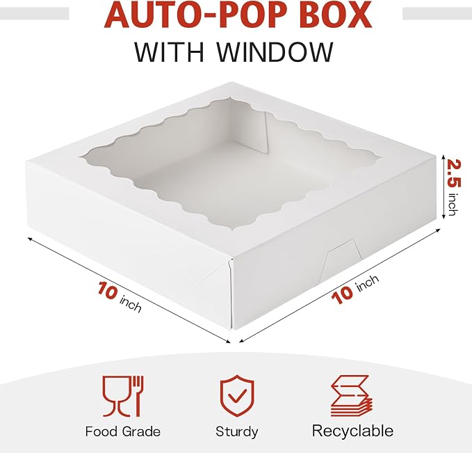 ZORRITA Pie Boxes with Window, 10"x10"x2.5", 20 Pack, White | Auto Pop-up, Bakery Boxes, For Chocolate Covered Strawberry, Cookies, Treats, Pastry, Donuts, Muffins