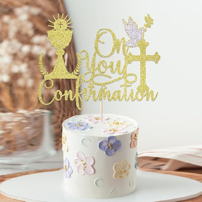 Gold Glitter Communion Cake Topper-Suitable for Ramadan, Religious Baptism, Baby Shower Birthday Party Decorations, Children's Birthday, God Bless, Wedding Party Decorations