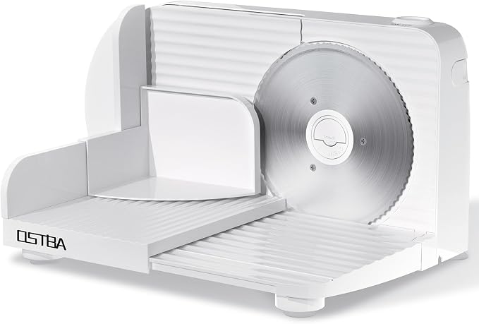 OSTBA Foldable Electric Food Slicer, Adjustable Thickness 0–15mm, 6.7” Stainless Steel Blade, 150W Motor, Portable & Easy-to-Clean Meat, Cheese, Bread, and Vegetable Slicer for Home Kitchen, White
