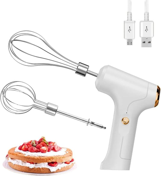 Electric Hand Whisk, USB Rechargeable, Wireless Portable Egg Beater with 2 Detachable Whisks with 3 Speed Modes for Eggs/Milkshake Cream/Butter/Baby Food, Fit for Kitchen/Camping/Gifts (White)