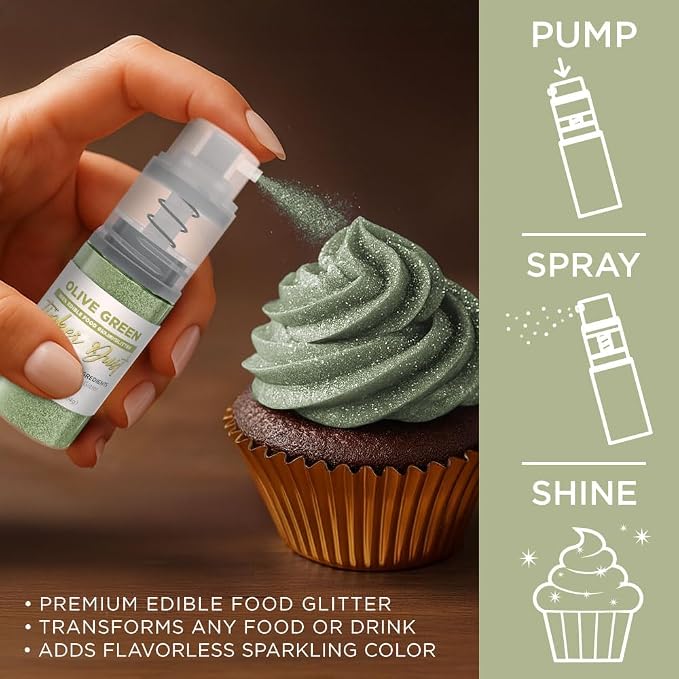 Bakell - Olive Green Tinker Dust (4g, 1x Mini Spray Pump) Edible Glitter for Food, Desserts, and Baked goods!