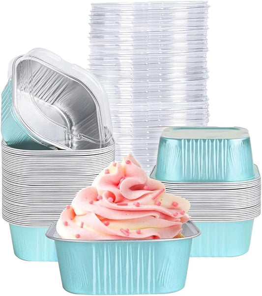 40 Pack Mini Cake Pans with Lids, 5oz Square Aluminum Foil Brownie Baking Cups, Muffin Tin Ramekins, Disposable Dessert Cupcake Cups for Wedding Birthday Party, Blue