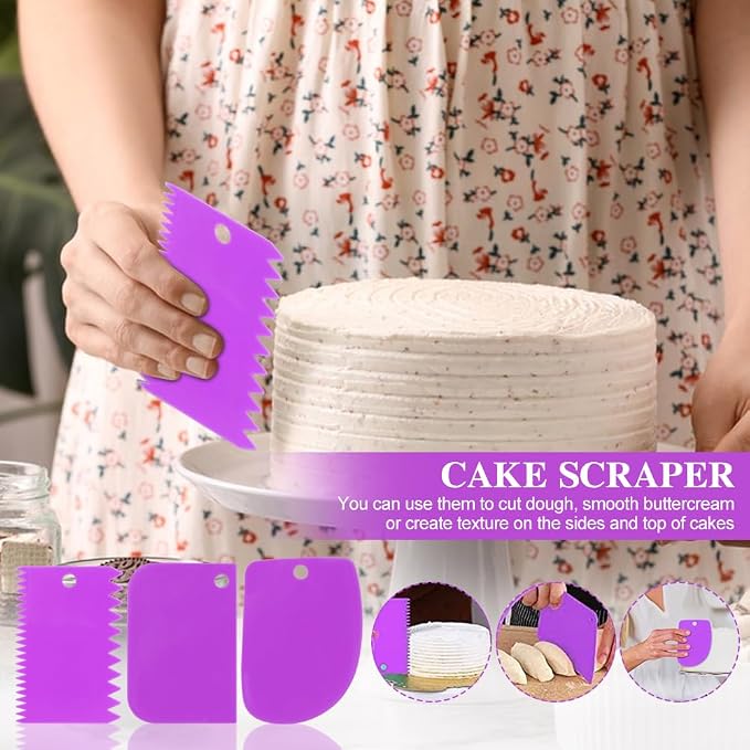Adjustable Cake Leveler Cutter With 3PCS Cake Scrapers Set,Baking Supplies Tool for Kitchen,Large Size Cake-Cutter Slicer for Leveling,Single Stainless Steel Wire & Plastic Handle(COLOR:Purple)