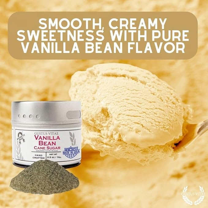 Gustus Vitae - Vanilla Bean Cane Sugar - Artisanal Infused Sugar - 1:1 Replacement For Plain Sugar - Gourmet Sweetener - All Natural - Small Batch - Magnetic Tin