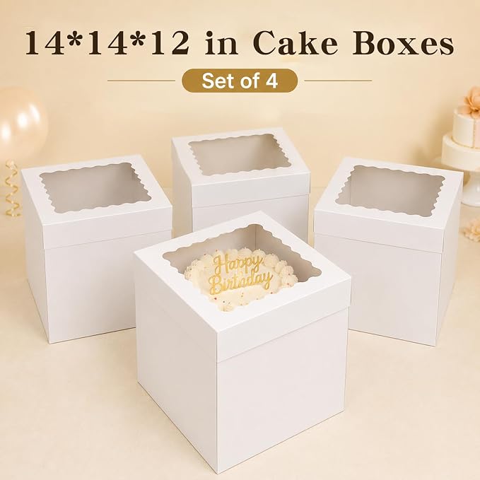 14x14x12 Inch White Corrugated Cake Boxes for 10-12 Inch Large Tiered Cakes | corrugated cake containers support for transit protection; 14x14 extra wide base fits oversized 10-12in tiered cakes