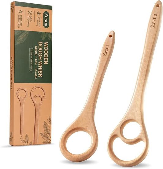 Set of 2 Wooden Dough Whisk, 13'' and 9.8'' One-Piece Solid Beech Wood Danish Dough Whisk for Sourdough, Bread, Pizza Pastry Mixing, Easy Clean Wooden Dough Mixer for Baking