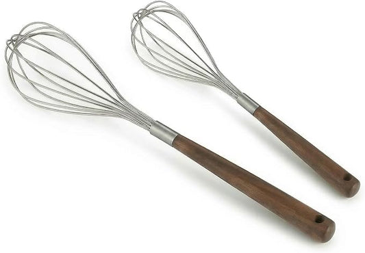 Whisk Set, 2 PCS Stainless Steel Whisk with Walnut Wooden Handle, Kitchen Wire Egg Beater Hand Whisk for Cooking, 11.42" & 10.24"
