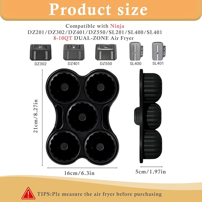 2 Pcs Silicone Donut Pan for Baking, Nonstick 5 Cavity Doughnut Baking Pans for Ninja 8QT-10QT Air Fryer, Make Perfect Bagels and Cake Donuts, Black