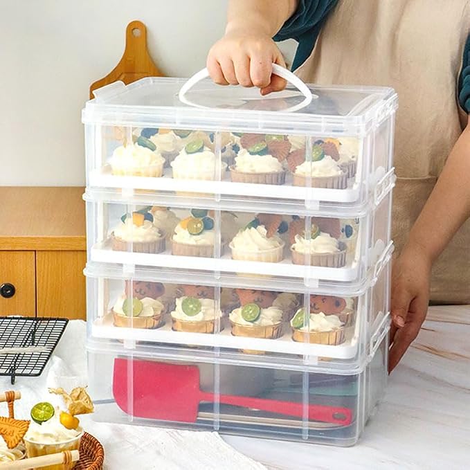 4-Tier Cupcake Carrier Holds 48 Cupcakes - Portable Dessert Holder with Secure Clips & Clear Shell, Stackable Storage Container for Parties, Birthdays, Baking, Clear/White