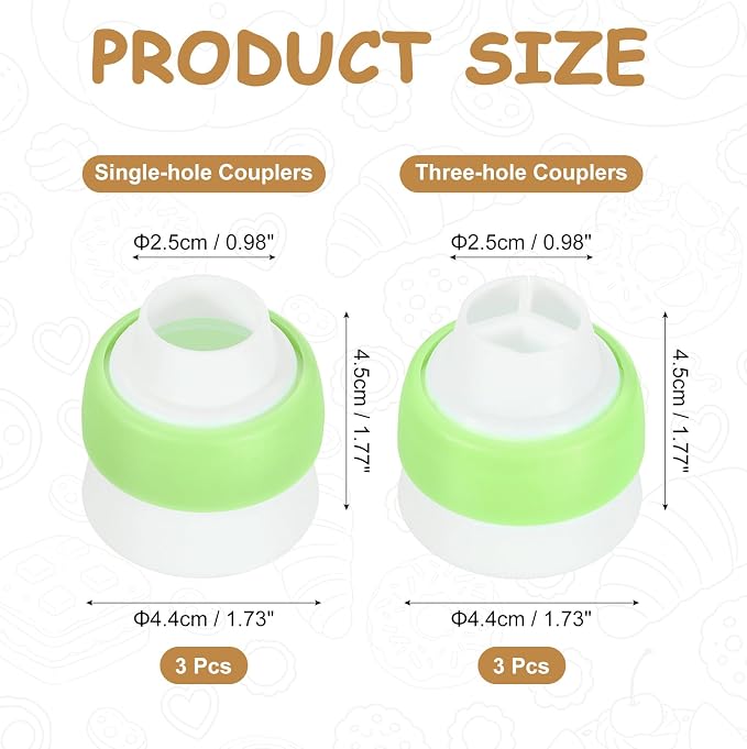 uxcell Piping Bag Couplers, 3Pcs Single Hole and 3Pcs Triple Hole Russian Nozzle Converters for Cake Decoration Tools for Baking, Cooking and Party Decorations, Green