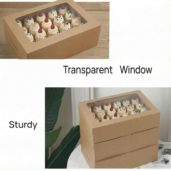 Mini Cupcake Box 6-Pack, Holds 24 Mini Cupcakes, CupCake Holder, Cake Carrier, Food Grade Brown Kraft Pop-up Bakery Boxes, 14 x 10 x 4 inch with Inserts and Window Fits 24 Cupcakes Pack of 6.