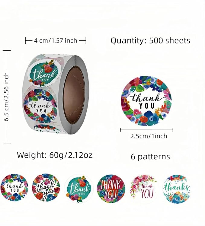 500pcs Floral Thank You Stickers Roll,1 Inch Circle Gift Seals for Packaging, 6 Patterns,Pink Rose Design,Bakery,Cards,Envelopes-Waterproof Adhesive Labels (Blue)