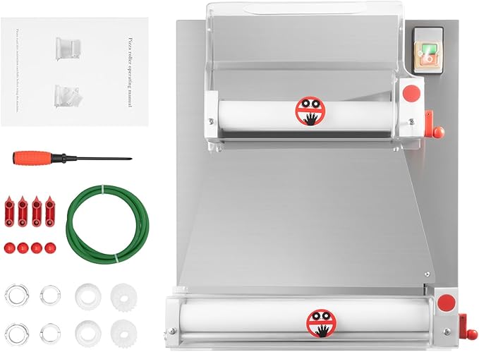 370W Commercial Pizza Dough Roller Sheeter, Stainless Steel Dual Roller Dough Press Machine, 5-Second Automatic Pizza Maker for 4-16 Inch Crust, Adjustable Thickness 0.7-5.4mm, 110V Silver