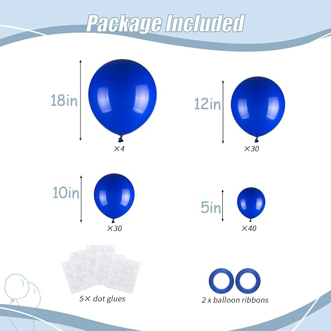 104pcs Royal Blue Balloons - 18/12/10/5 Inch Dark Blue Latex Balloons Garland Arch Different Sizes Pack for Graduation, Father’s Day, Independence Day, Baseball Party Decor
