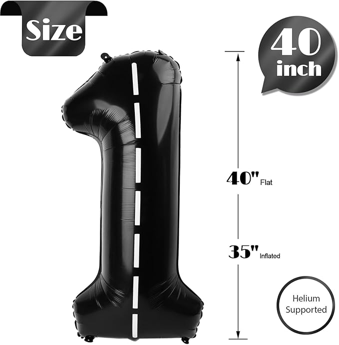 40 Inch Race Car 1 Balloon for First Birthday, 1st Number Balloons Black Race Car Birthday Decorations for Boy Kids Toddler Baby, One Giant Number 1 Balloon