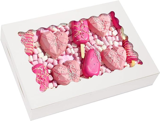 TOMNK 30pcs Cookie Boxes, 14x10x2.5 Inch Large Treat Boxes with Window for Treats, Pies, Chocolate Strawberries Muffins, Donuts, Dessert