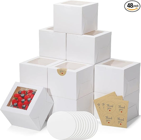 Mini Cake Boxes 6 Inch with Window, 48 Set Bakery Boxes with Cake Boards & Stickers, Cupcake Box for Birthday, Party, Wedding, Mother's Day, Valentine's Day, Christmas（6x6x5 inch）