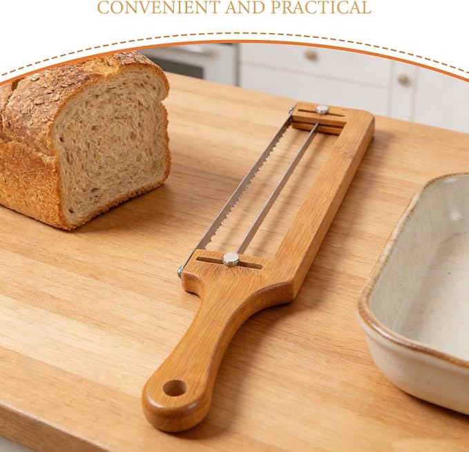 DECHOUS Adjustable Bamboo Bread Slicer with Stainless Serrated Blade and Thickness Guide for Homemade Sourdough Baguettes and Bagels